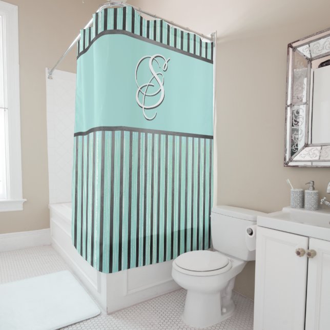 Rideaux De Douche Turquoise, gris et blanc (En situation)