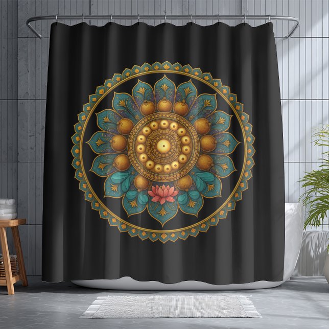 Rideaux De Douche Turquoise Lotus Mandala Art | Black Boho Graphic (Créateur téléchargé)