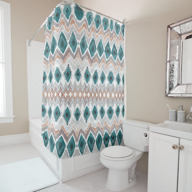 Rideaux De Douche Turquoise Pêche gris pâle Chevron Motif diamant (En situation)