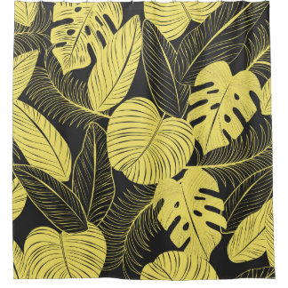 Rideaux De Douche Two Tone Yellow Black Tropical Leaf Seamless Patte