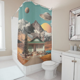 Rideaux De Douche UFO Surréaliste au-Dessus d'une Maison Rustique
