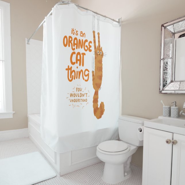 Rideaux De Douche Un Chat Orange - Drôle Tabby Chat Accroché Sur (En situation)