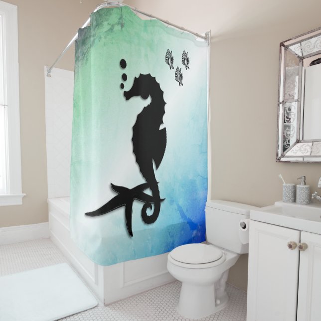 Rideaux De Douche Un cheval de mer dans le vert (En situation)