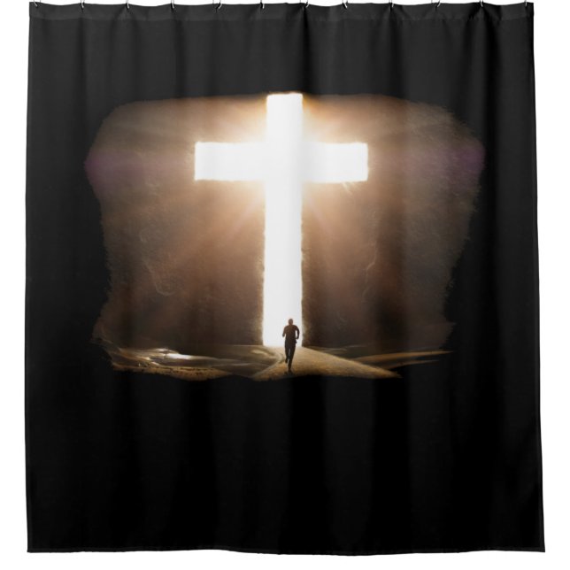 Rideaux De Douche Un homme courant vers la Croix chrétienne de Jésus (Devant)
