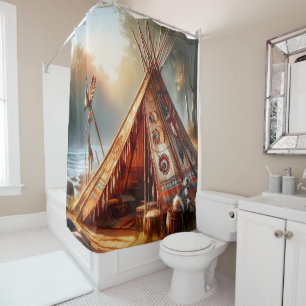 Rideaux De Douche Un tipi indien paisible au bord d'une rivière sere