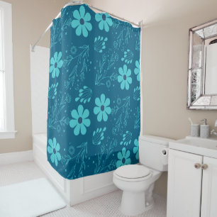 Rideaux De Douche Une conception de fleurs de couleur cyan tendance