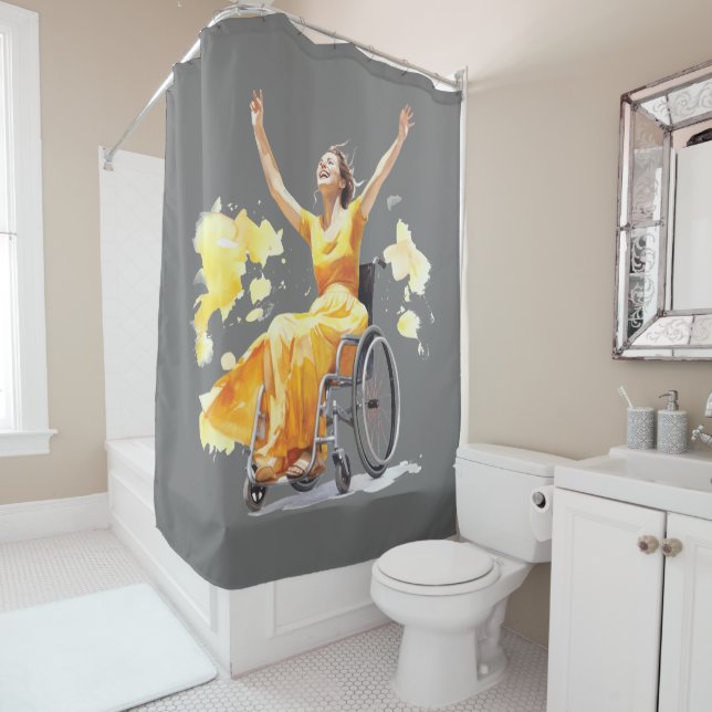 Rideaux De Douche Une femme en fauteuil roulant danse joyeusement (En situation)