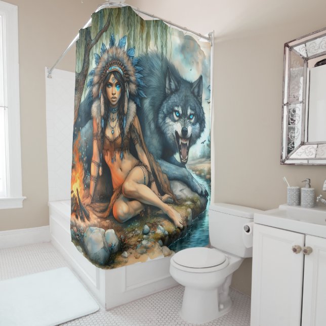 Rideaux De Douche Une femme indienne et son ami loup fort (En situation)