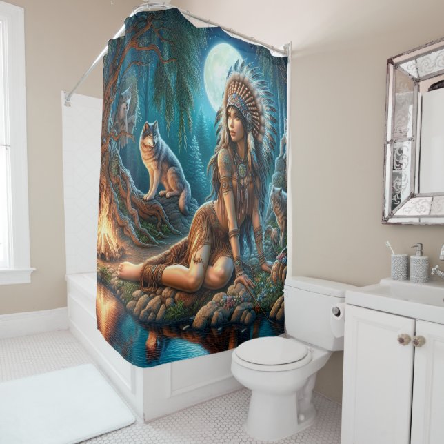 Rideaux De Douche Une nuit mystique avec un Indien et des loups (En situation)