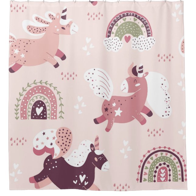 Rideaux De Douche Unicorns Rainbows : Pastel Magic Arrière - plan. (Devant)
