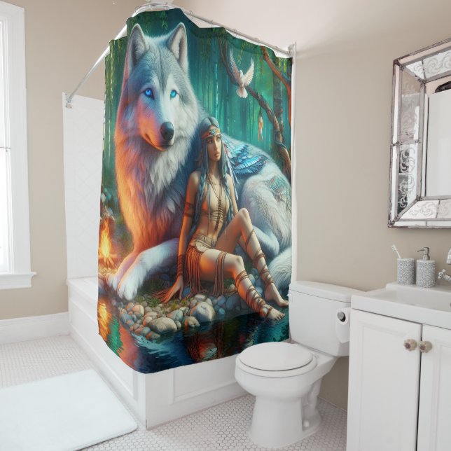 Rideaux De Douche Unité des Indiens et des loups majestueux (En situation)