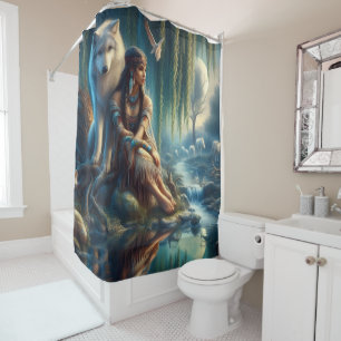 Rideaux De Douche Unité d'un Indien autochtone et son loup