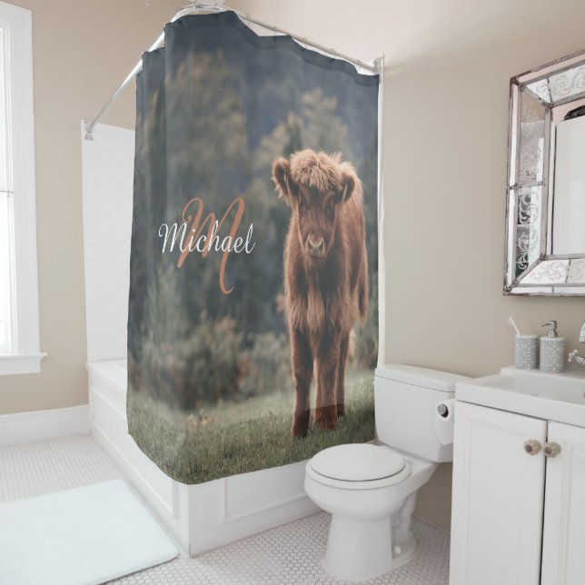 Rideaux De Douche Vache de Highland calvaire herbe d'automne monogra (En situation)