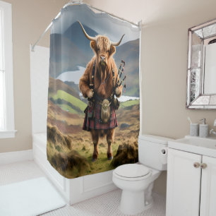 Rideaux De Douche Vache Highland Écossaise Joueur De Cornemuse,