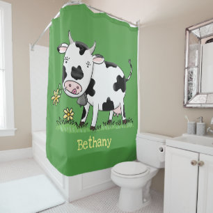 Rideaux De Douche Vache mignonne en vert dessin animé sur le terrain