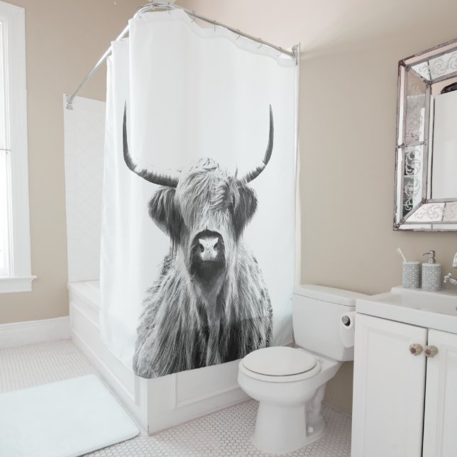 Rideaux De Douche Vache noire et blanche des Highlands (En situation)