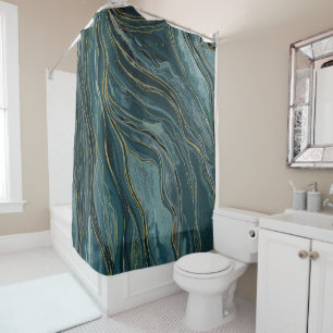 Rideaux De Douche Vagues d'aquarelle Abstraite turquoise Blue Gold