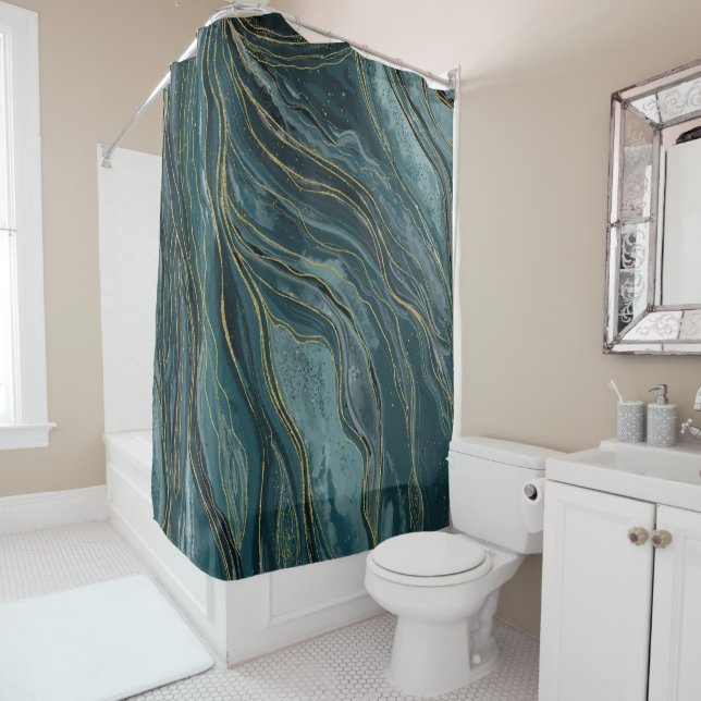 Rideaux De Douche Vagues d'aquarelle Abstraite turquoise Blue Gold (En situation)