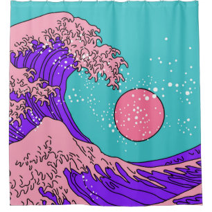 Rideaux De Douche Vaporwave Great Wave : Art Océanique Stylisé