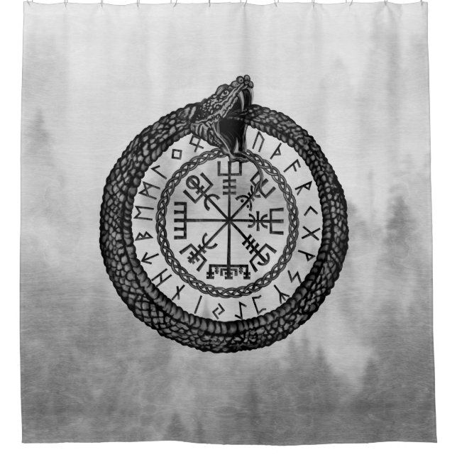 Rideaux De Douche Vegvisir avec Ouroboros et runes - gamme de gris (Devant)