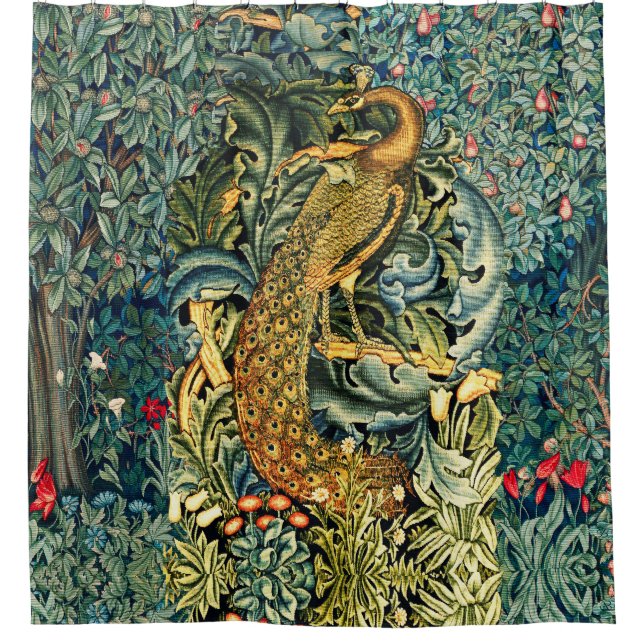 RIDEAUX DE DOUCHE VERDURE, ANIMAUX FORESTIERS, PEACOCK EN VERT FLORA (Devant)