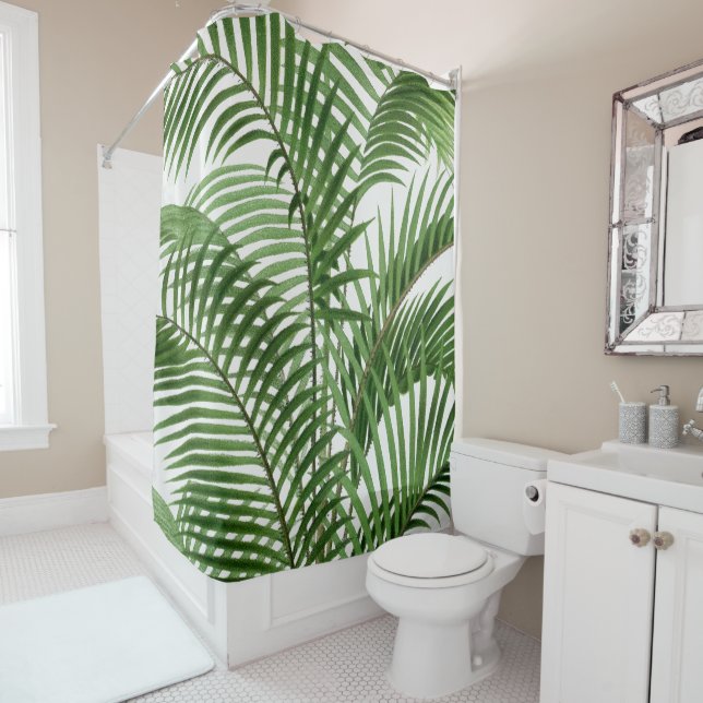 Rideaux De Douche Verdure tropicale Aquarelle Palm Tree Feuilles (En situation)