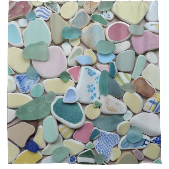 Rideaux De Douche Verre de mer, poterie de plage, vert bleu en (Devant)