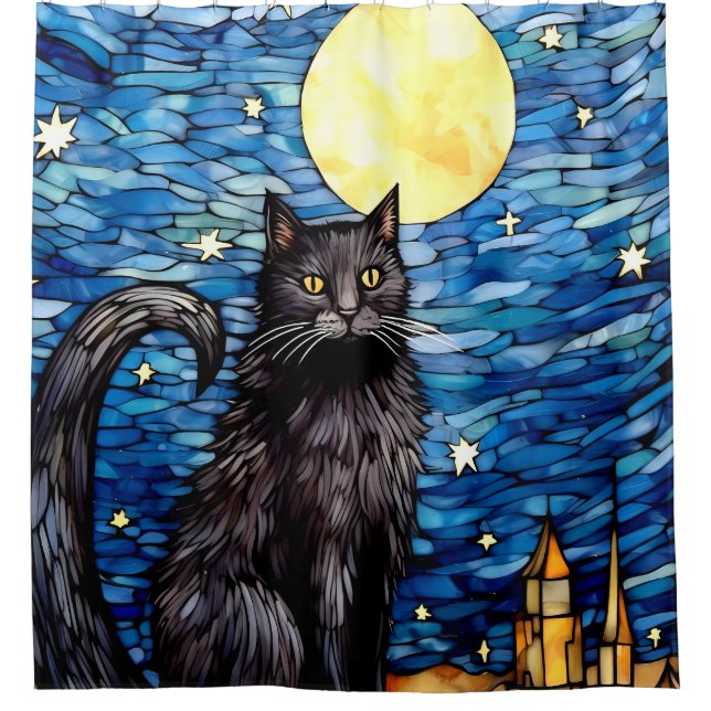 Rideaux De Douche Verre tendu Chat noir Starry nuit (Devant)