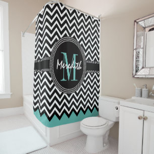 Rideaux De Douche Vert de mer classique de monogramme de Chevron