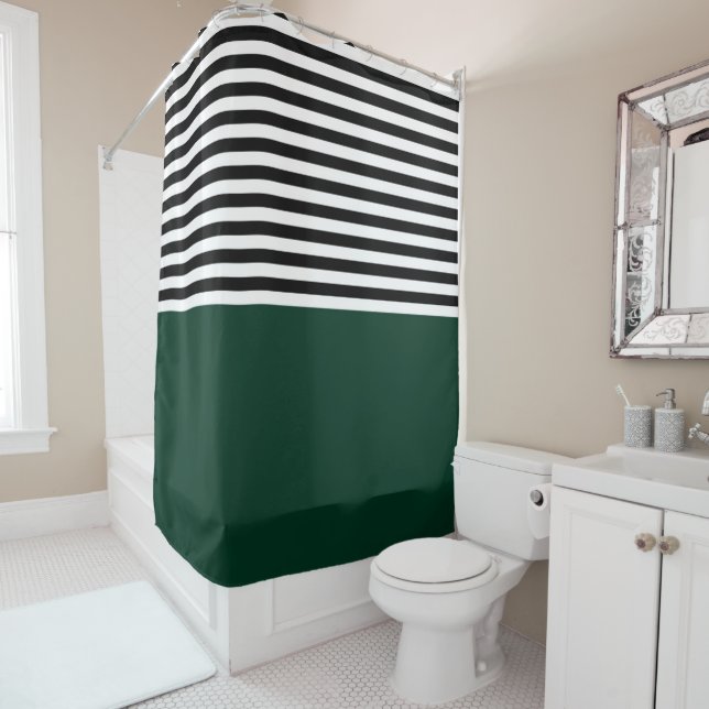 Rideaux De Douche Vert foncé avec bandes noires et blanches (En situation)