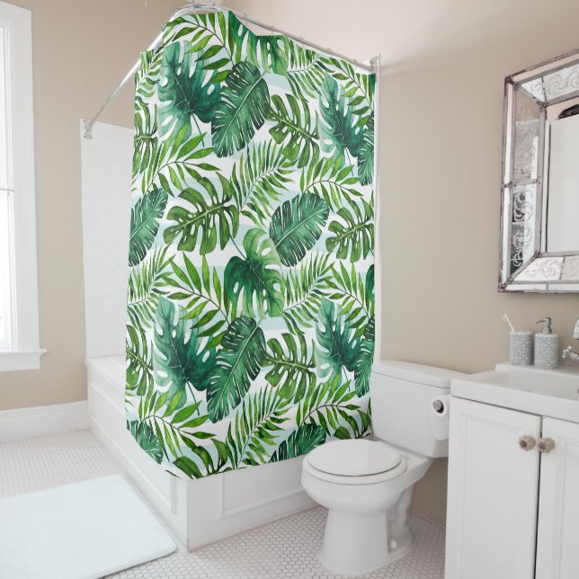 Rideaux De Douche Vert moderne Feuilles d'aquarelle tropicale (En situation)