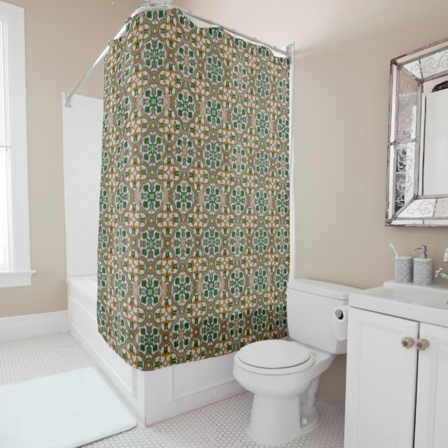 Rideaux De Douche Vert moutarde floral Azulejos motif géométrique (En situation)