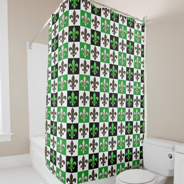 Rideaux De Douche Vert Noir Blanc À damiers Fleur de lis Design (Créateur téléchargé)
