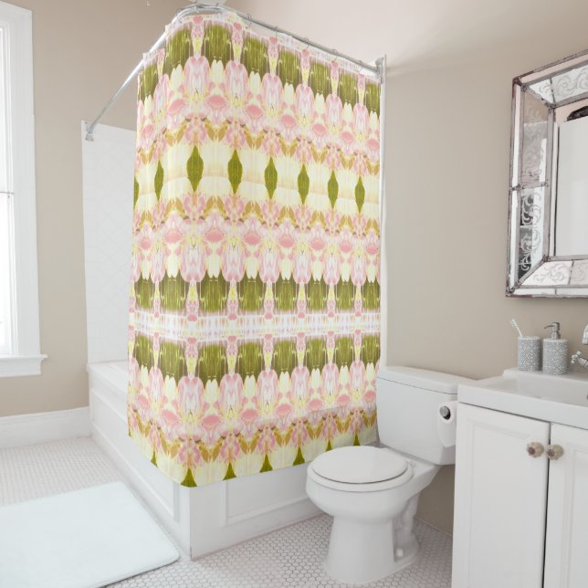 Rideaux De Douche Vert olive et accent corallien (En situation)
