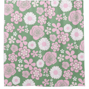 Rideaux De Douche Vert rose blanc rétro Y2K les années 70 Fleur Moti