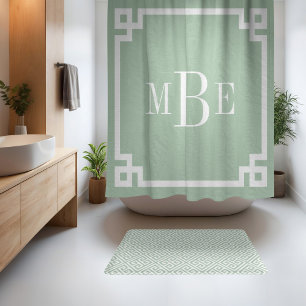 Rideaux De Douche Vert sauge et clé grecque blanche Monogramme