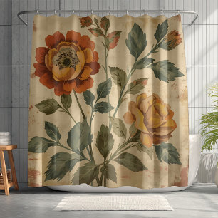 Rideaux De Douche Vert sauge moutarde floral rétro orange vintage