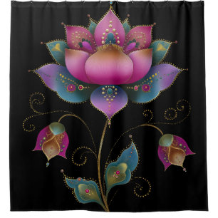 Rideaux De Douche Vibrant indien Mehndi Lotus Flower Rose Bleu Or