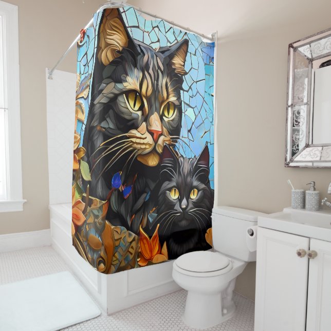 Rideaux De Douche Vibrant Mosaïque Chat Vitrage Vitré Artistique Fel (En situation)