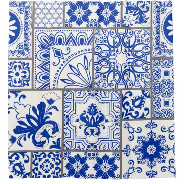 Rideaux De Douche Victorian Majolica : Patchwork Tile Motif. (Devant)