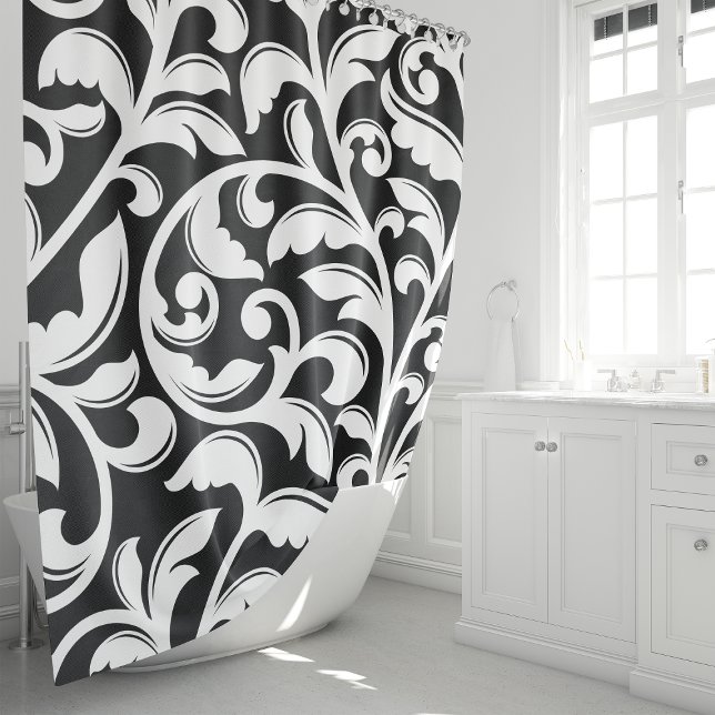 Rideaux De Douche Vin floral noir et blanc Damas (Créateur téléchargé)