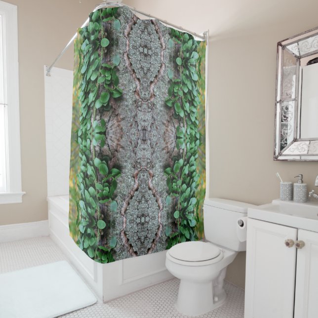 Rideaux De Douche Vin vert feuillus sur miroir d'arbre Abstrait (En situation)