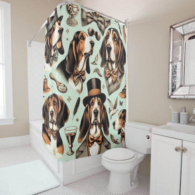 Rideaux De Douche Vintage Basset Hound sans joint (En situation)