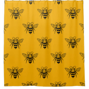 Rideaux De Douche Vintage Bee Motif, Jaune Noir.