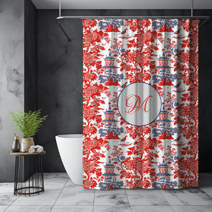 Rideaux De Douche Vintage Chinoiserie Delft Français rouge bleu mono