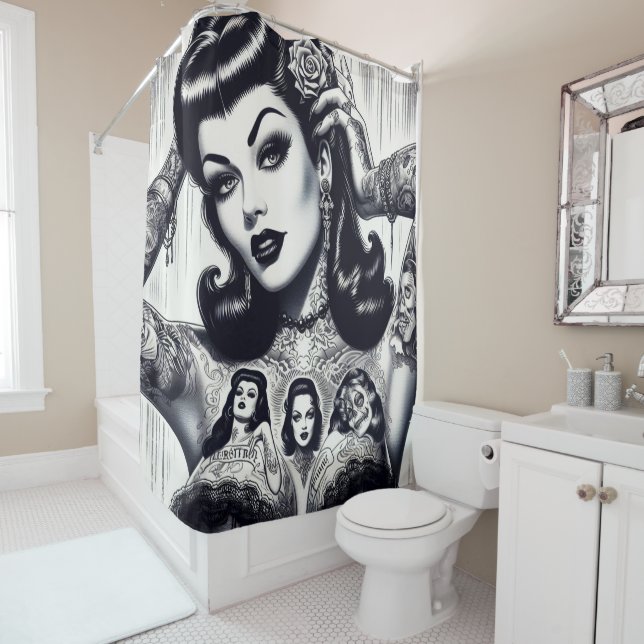 Rideaux De Douche Vintage fille Goth tatouée (En situation)