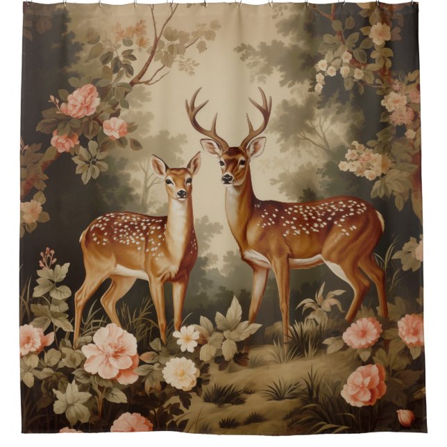 Rideaux De Douche Vintage Forêt Florale Cerf (Devant)