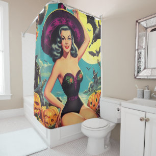 Rideaux De Douche Vintage Halloween sorcière vers le haut