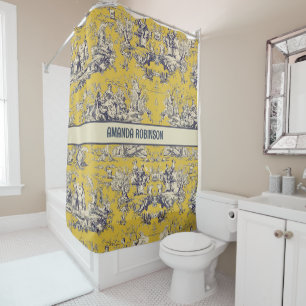 Rideaux De Douche Vintage lac fleuri jaune toile de jouy monogramme