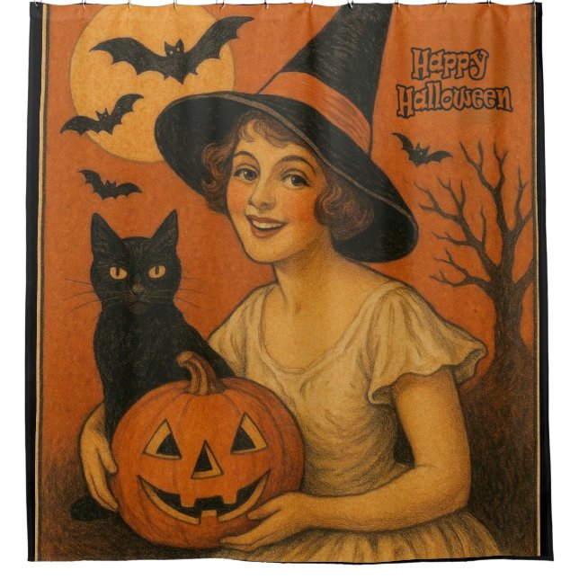 Rideaux De Douche Vintage/rétro Happy Halloween sorcière, chat, citr (Devant)